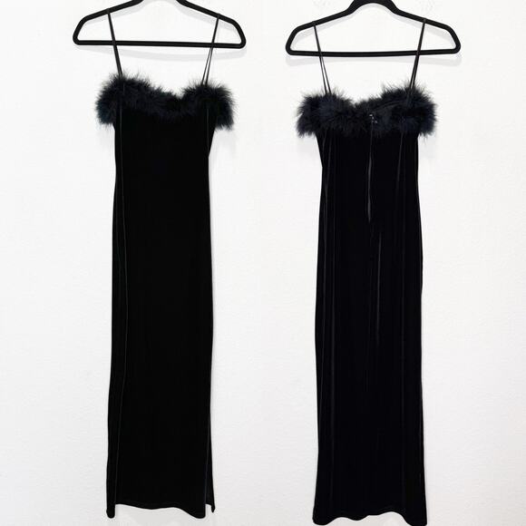 Finesse Vintage 90s Velvet Feather Spagetti Strap Fitted Long Maxi Dress Vamp - Picture 1 of 12
